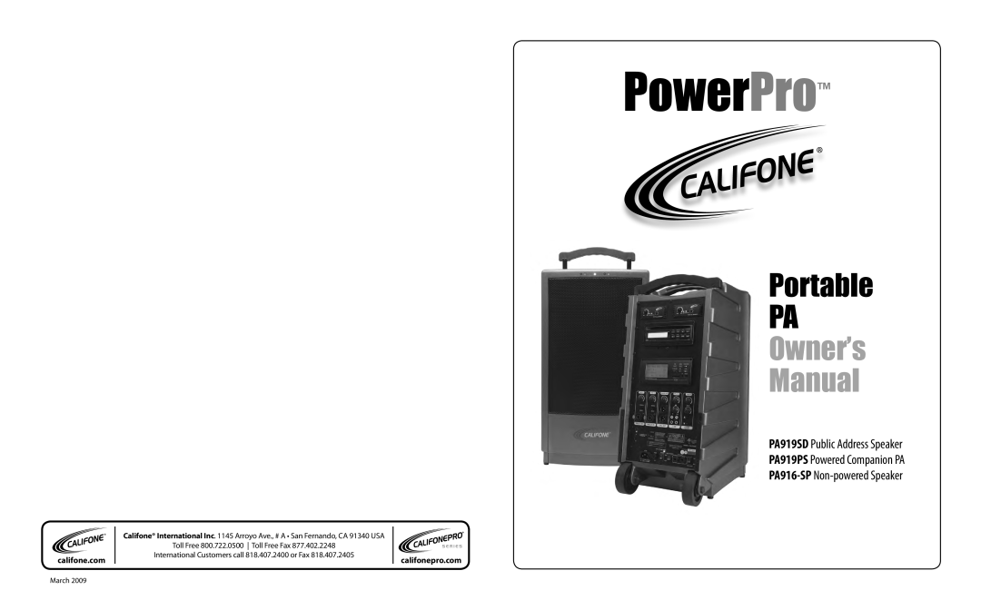 Califone PA919SD, PA919PS owner manual califone.com, califonepro.com, PowerPro, Portable PA, Owner’s Manual 