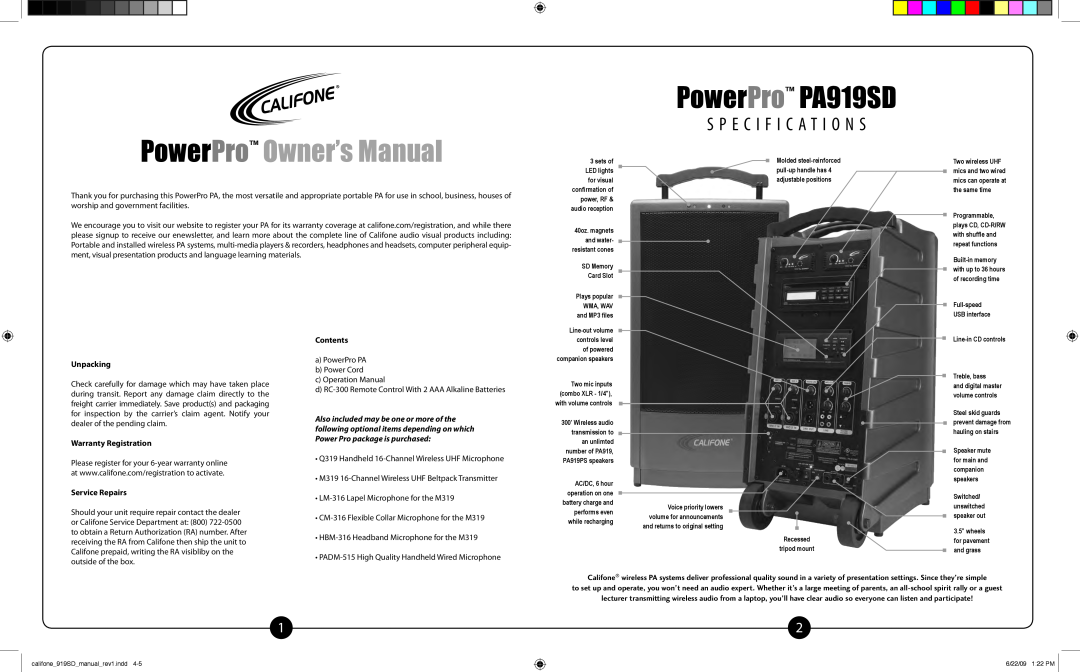 Califone PA919PS owner manual PowerPro PA919SD, PowerPro Owner’s Manual, S P E C I F I C A T I O N S 