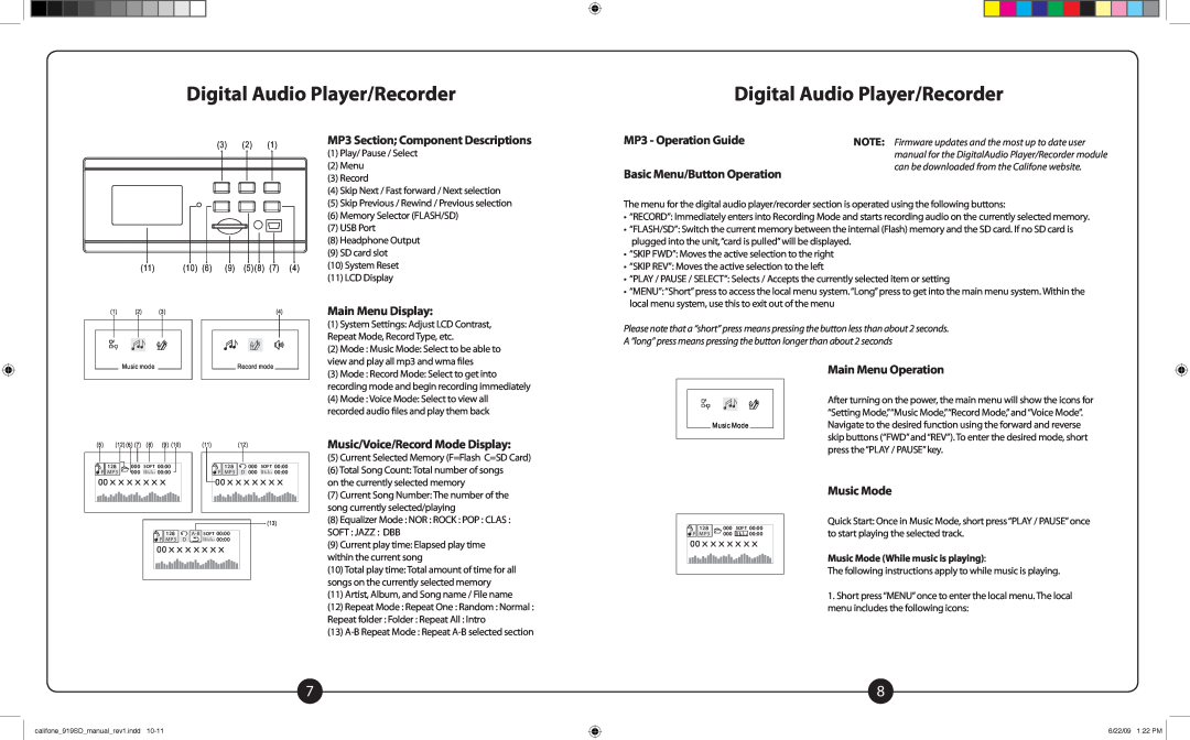 Califone PA919SD Digital Audio Player/Recorder, MP3 Section Component Descriptions, Main Menu Display, Main Menu Operation 