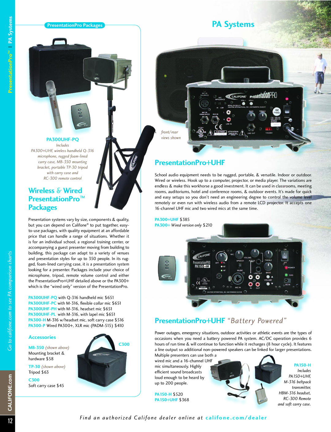 Califone PI30-IRSYS manual Packages, PresentationPro+UHF Battery Powered, PA Systems 