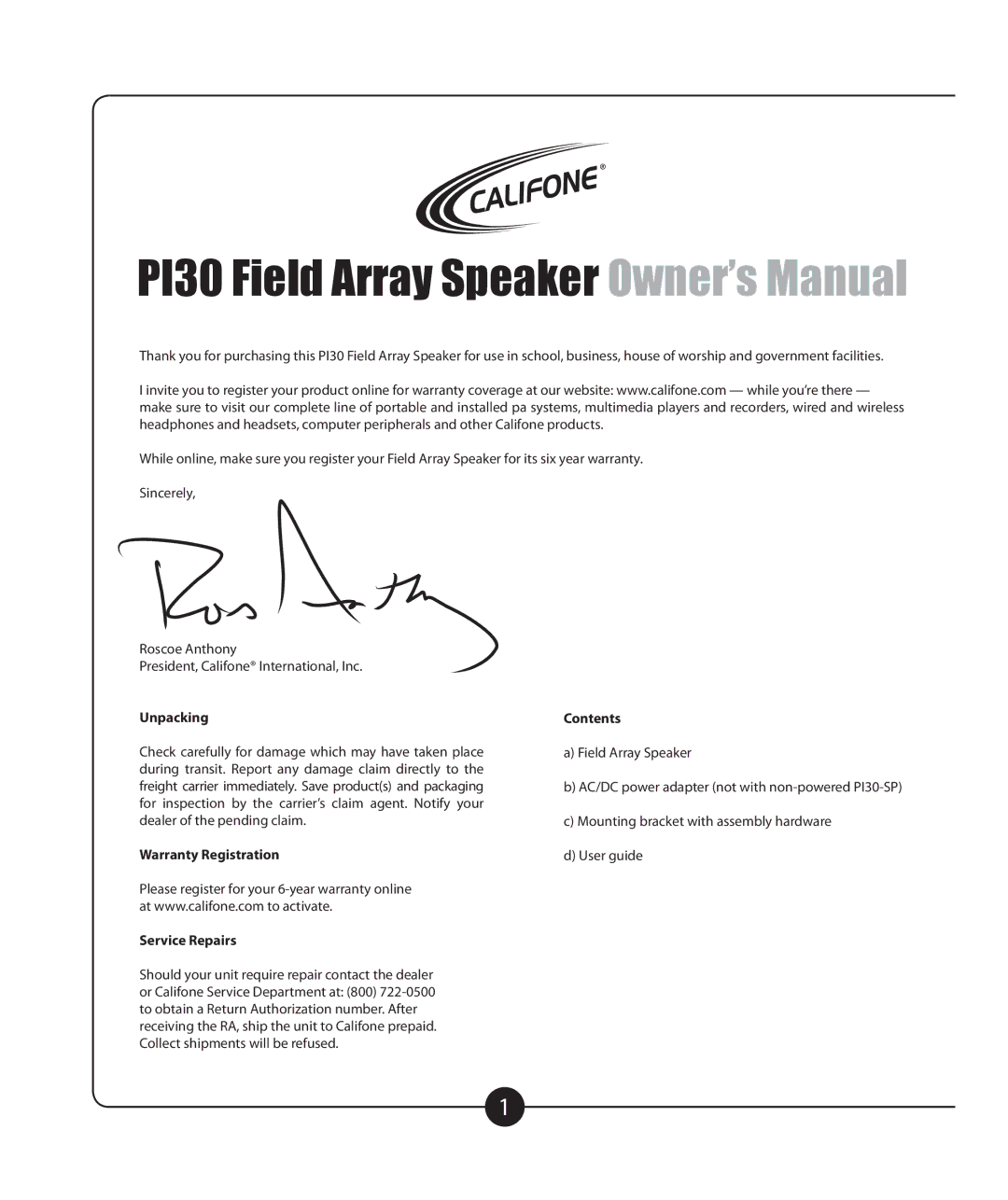 Califone PI30-PS, PI30-SP owner manual Unpacking, Warranty Registration Service Repairs, Contents 