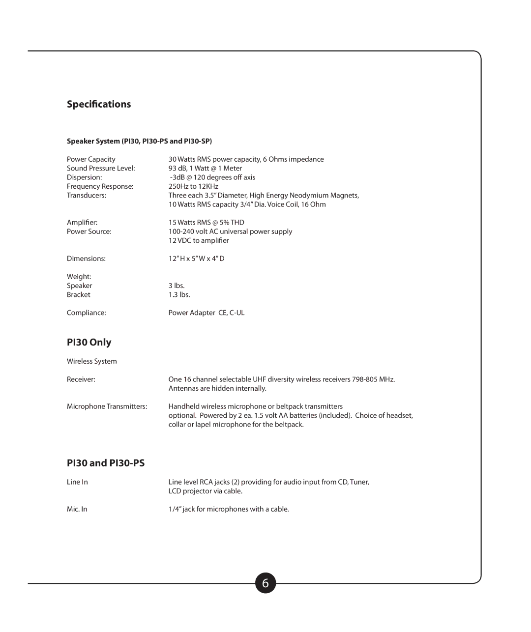 Califone owner manual Specifications, PI30 Only, PI30 and PI30-PS, Speaker System PI30, PI30-PS and PI30-SP 