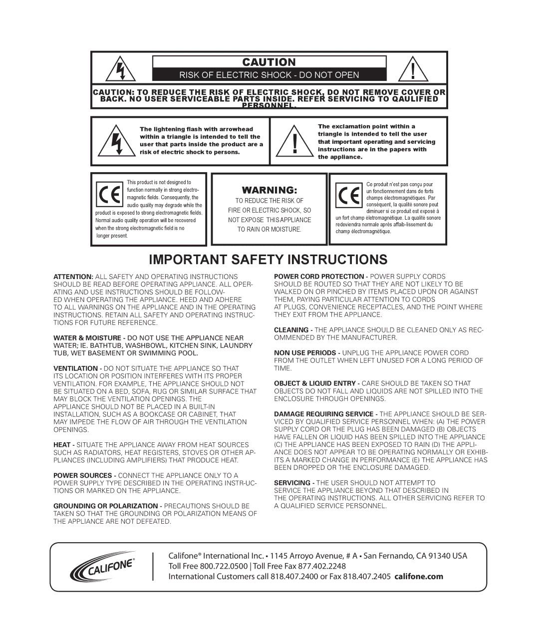 Califone PI30-PS, PI30-SP owner manual Important Safety Instructions 