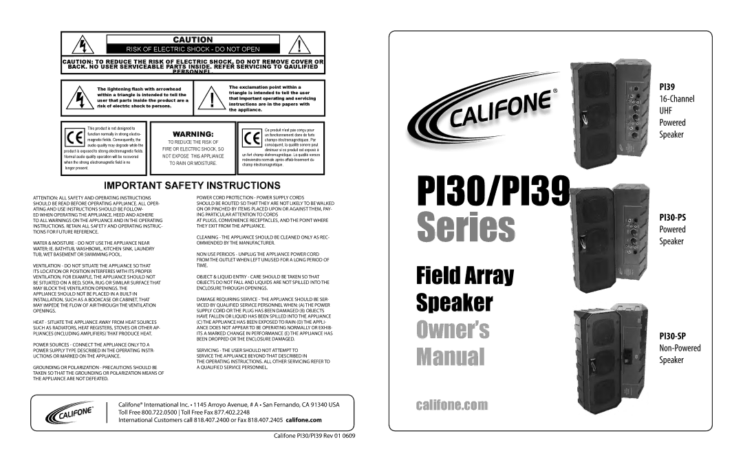 Califone PI30 Series, PI39 Series important safety instructions 