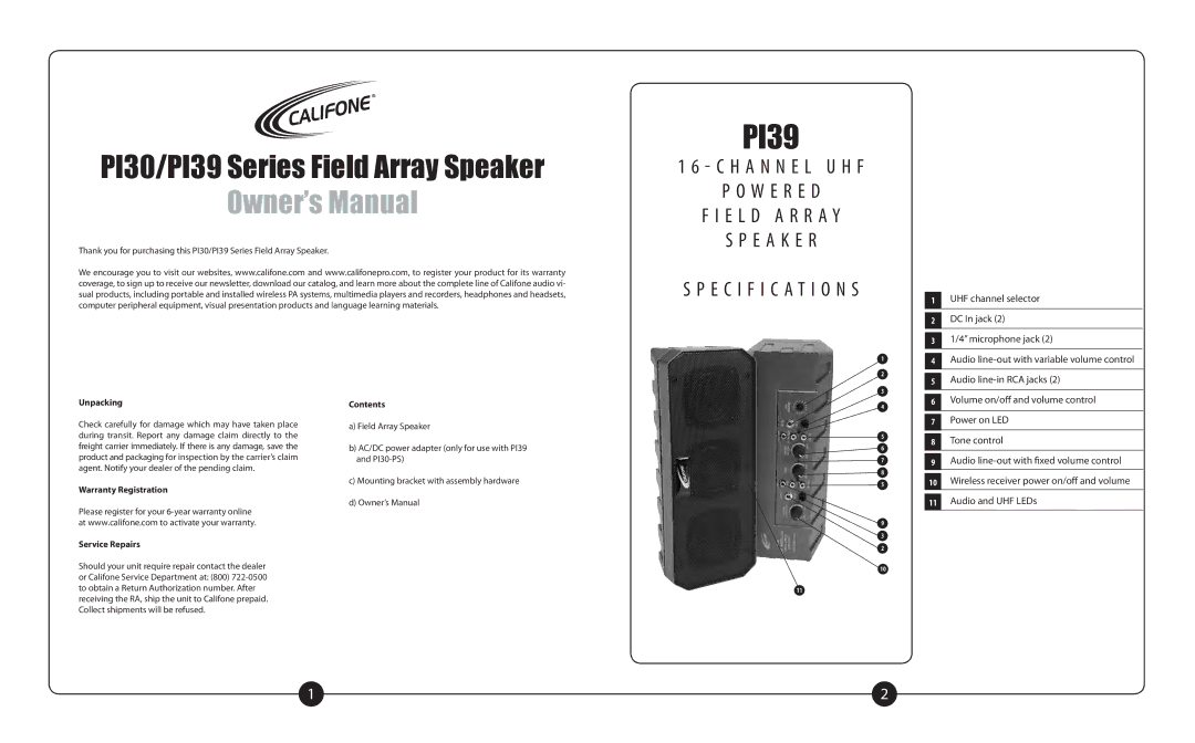 Califone PI39 Series, PI30 Series important safety instructions Unpacking, Warranty Registration Service Repairs, Contents 