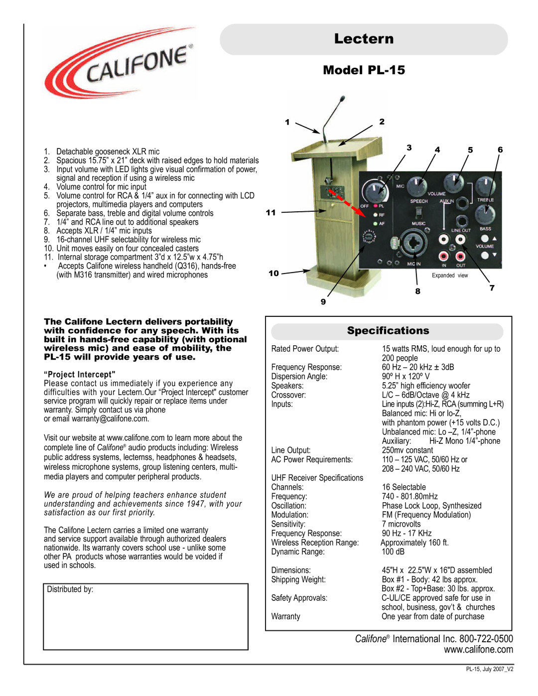 Califone specifications Lectern, Model PL-15, Specifications 