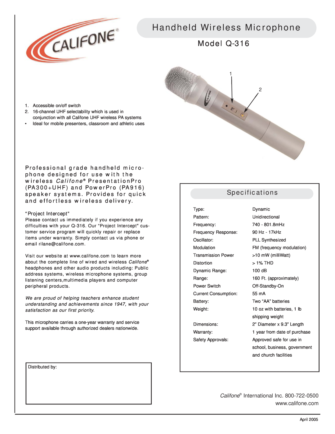 Califone specifications Handheld Wireless Microphone, Model Q-316, Specifications, Califone International Inc 