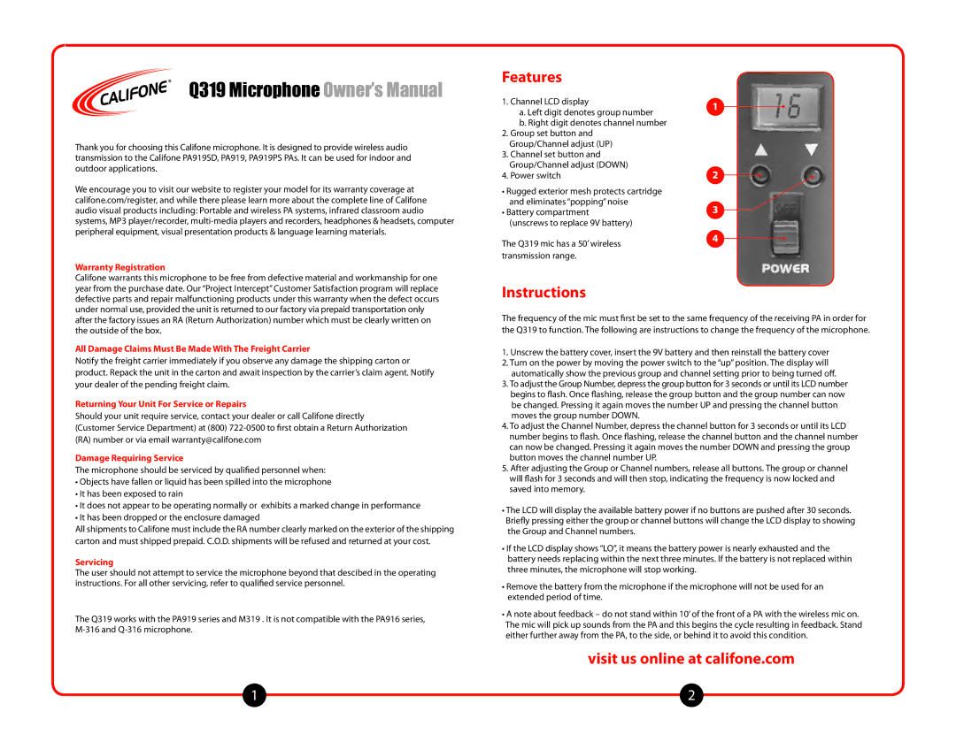 Califone Q319 owner manual Features, Instructions, Visit us online at califone.com 