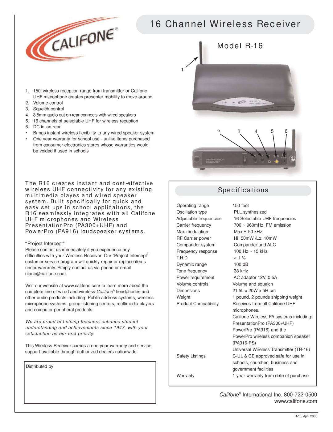 Califone specifications Channel Wireless Receiver, Model R-16, Specifications 