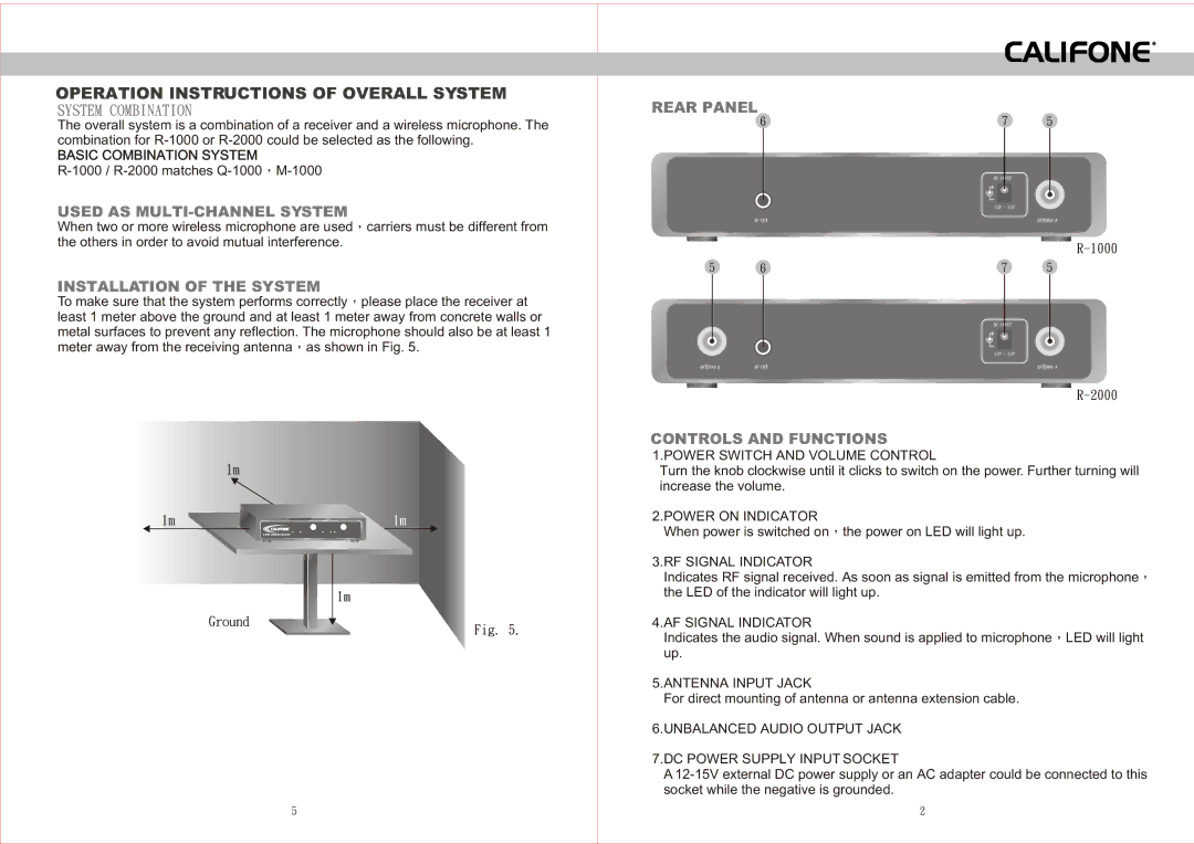 Califone R-1000, R-2000 Operation Instructions of Overall System, Used AS MULTI-CHANNEL System, Installation of the System 