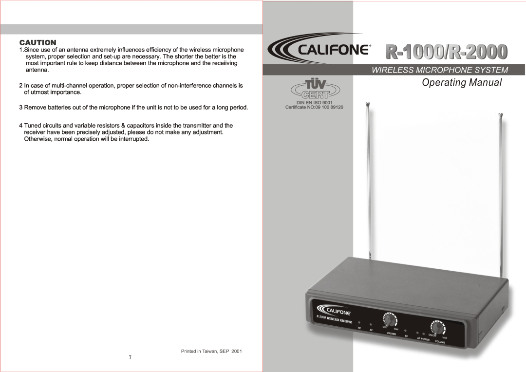 Califone manual R-1000/R-2000, Operating Manual, Wireless Microphone System 