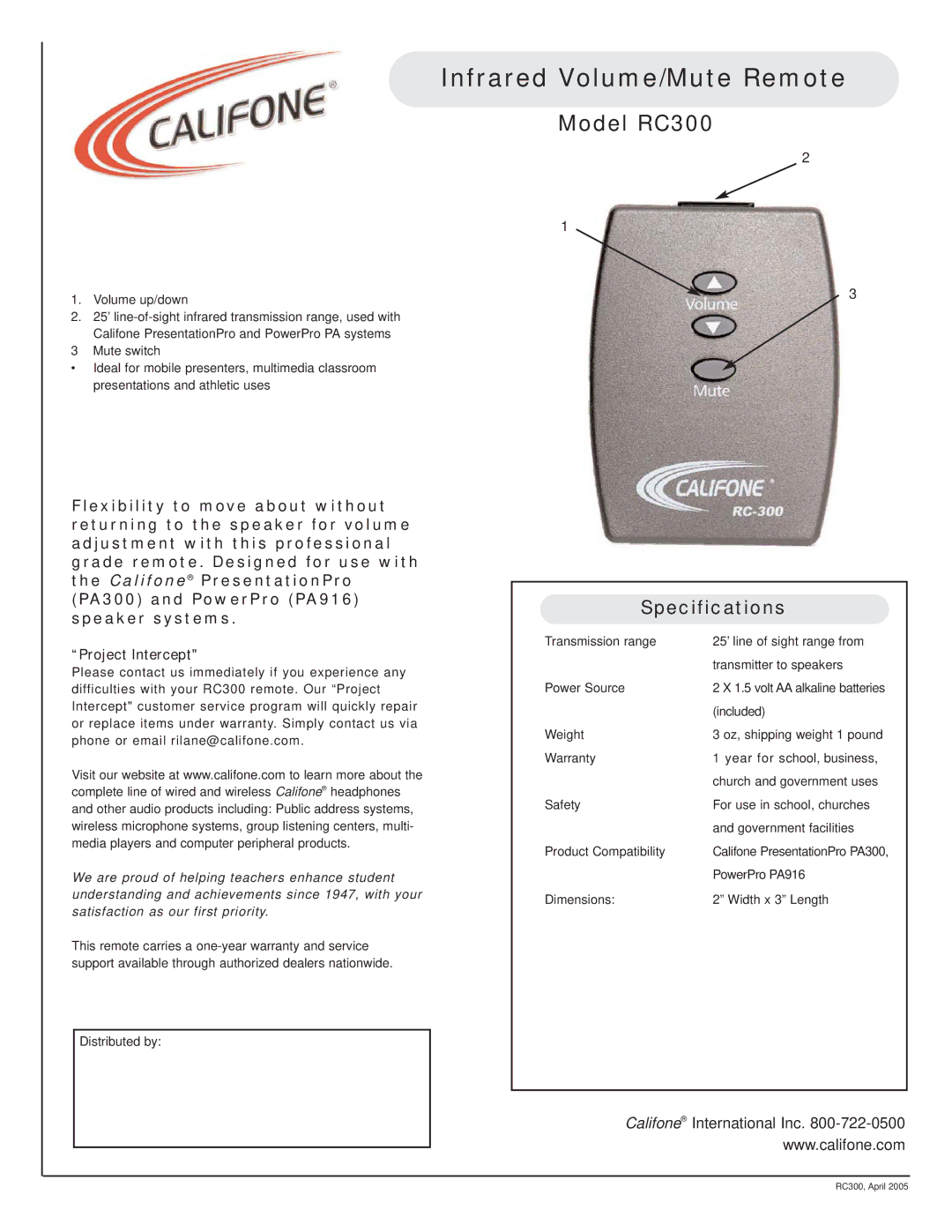 Califone specifications Infrared Volume/Mute Remote, Model RC300, Specifications 