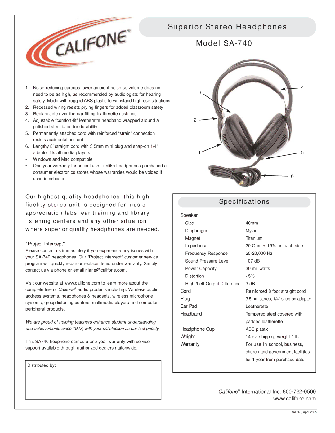 Califone specifications Superior Stereo Headphones Model SA-740, Specifications 