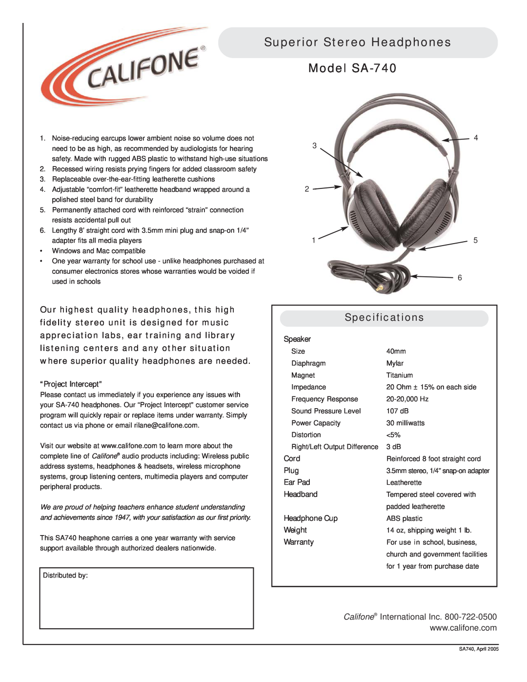 Califone specifications Superior Stereo Headphones Model SA-740, Specifications, “Project Intercept, Speaker, Cord 