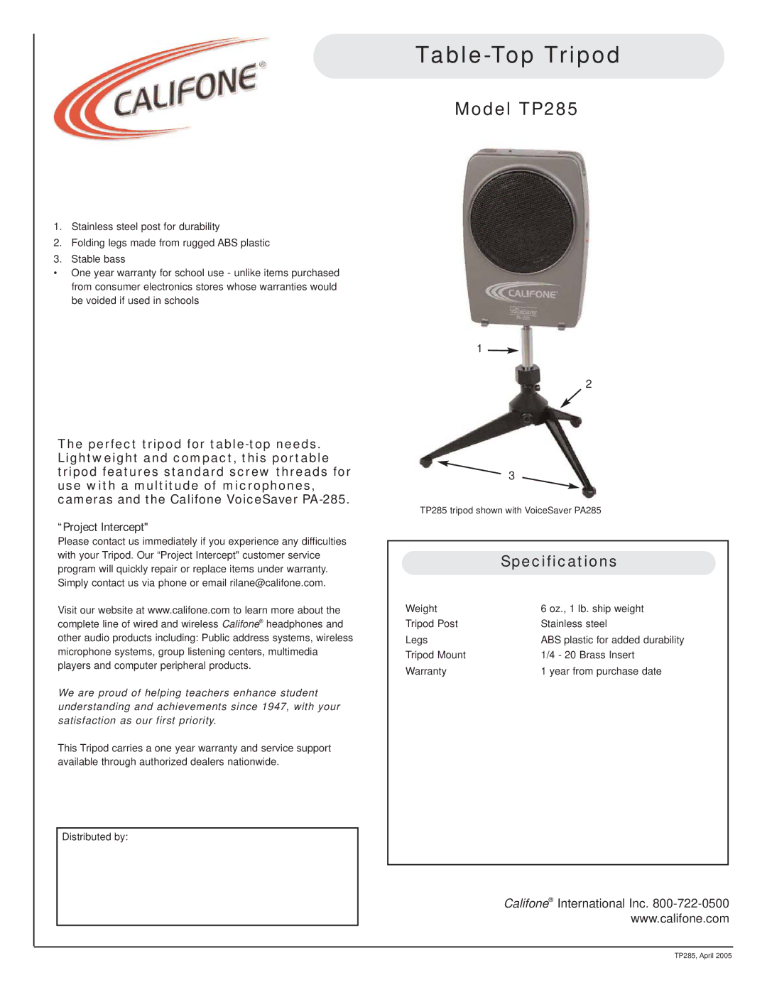 Califone specifications Table-Top Tripod, Model TP285, Specifications, Project Intercept 