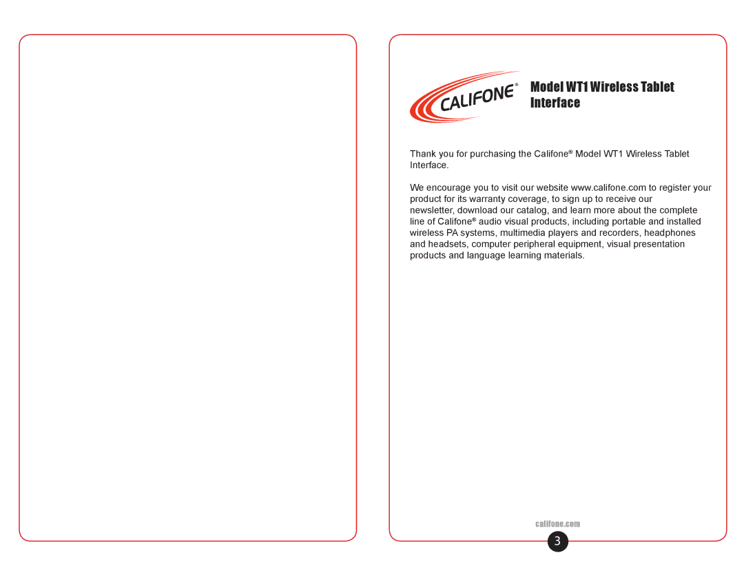 Califone user manual Model WT1 Wireless Tablet Interface 