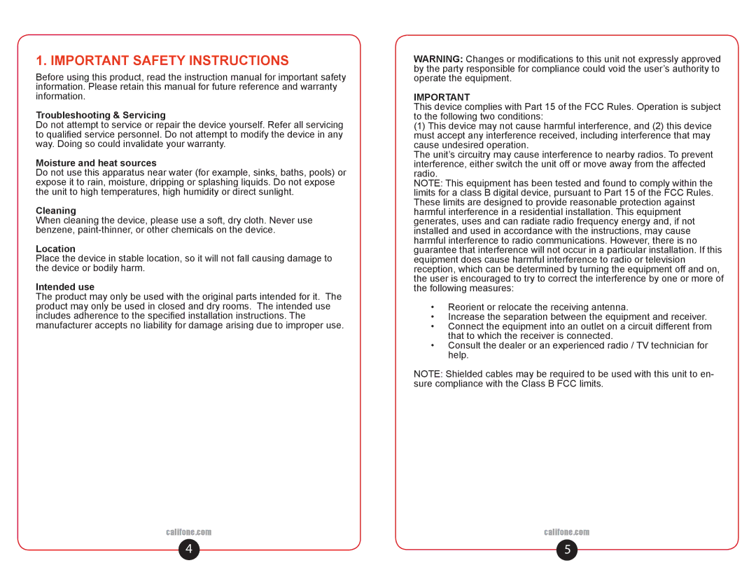 Califone WT1 user manual Important Safety Instructions, Troubleshooting & Servicing 