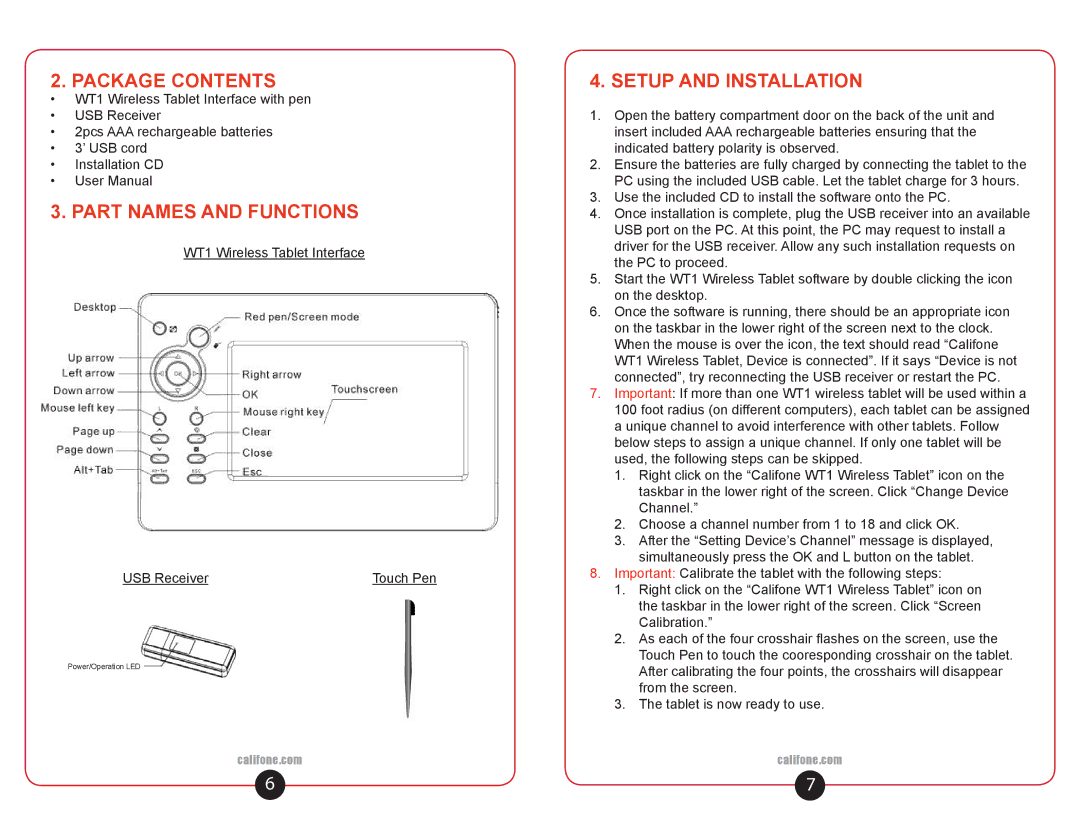 Califone WT1 user manual Package Contents, Part Names and Functions, Setup and Installation 