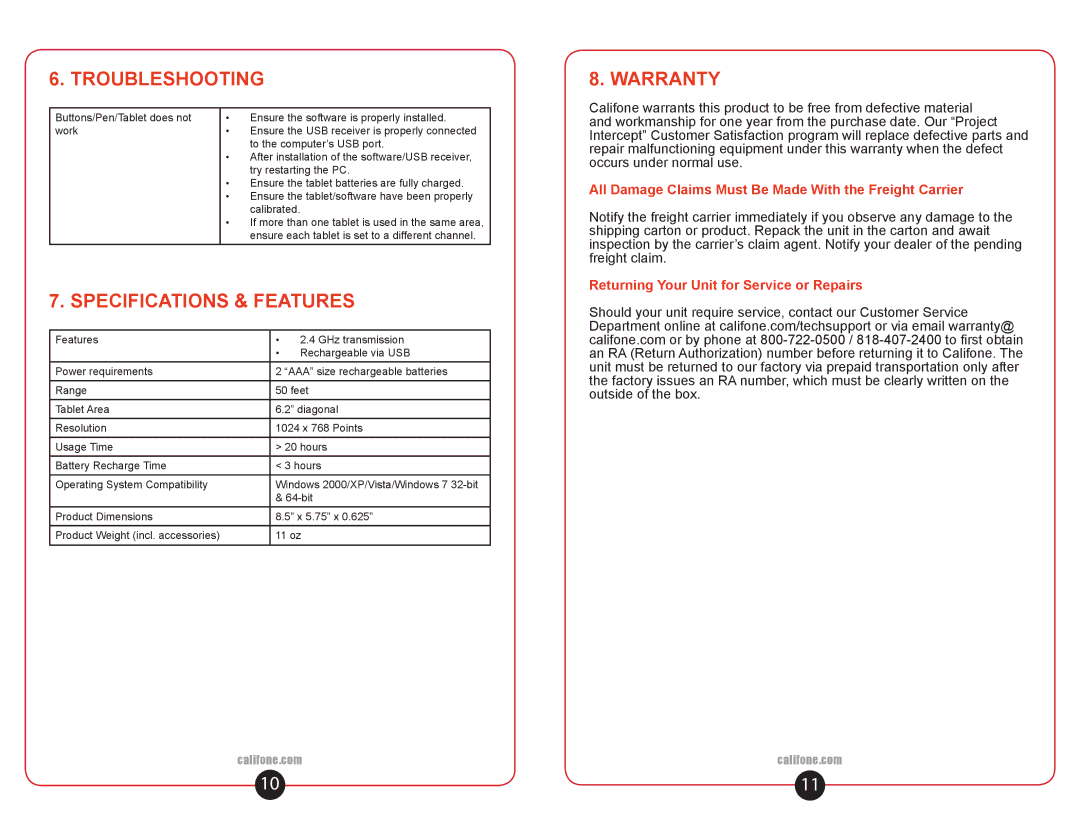 Califone WT1 user manual Troubleshooting Warranty, Specifications & Features 