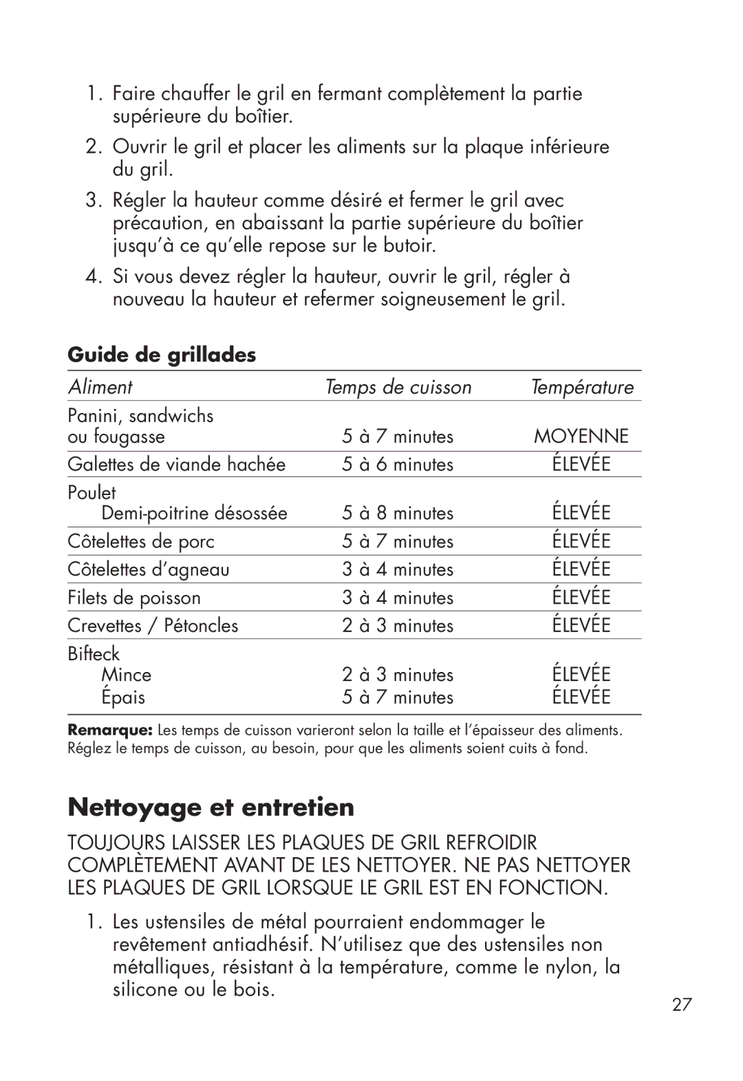 Calphalon 17596.59, 1759546 manual Nettoyage et entretien, Guide de grillades 