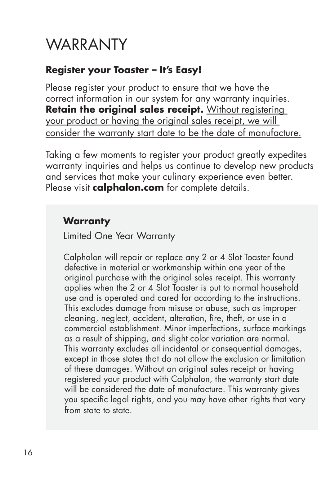 Calphalon 1779207, 1779206 manual Warranty, Register your Toaster It’s Easy 