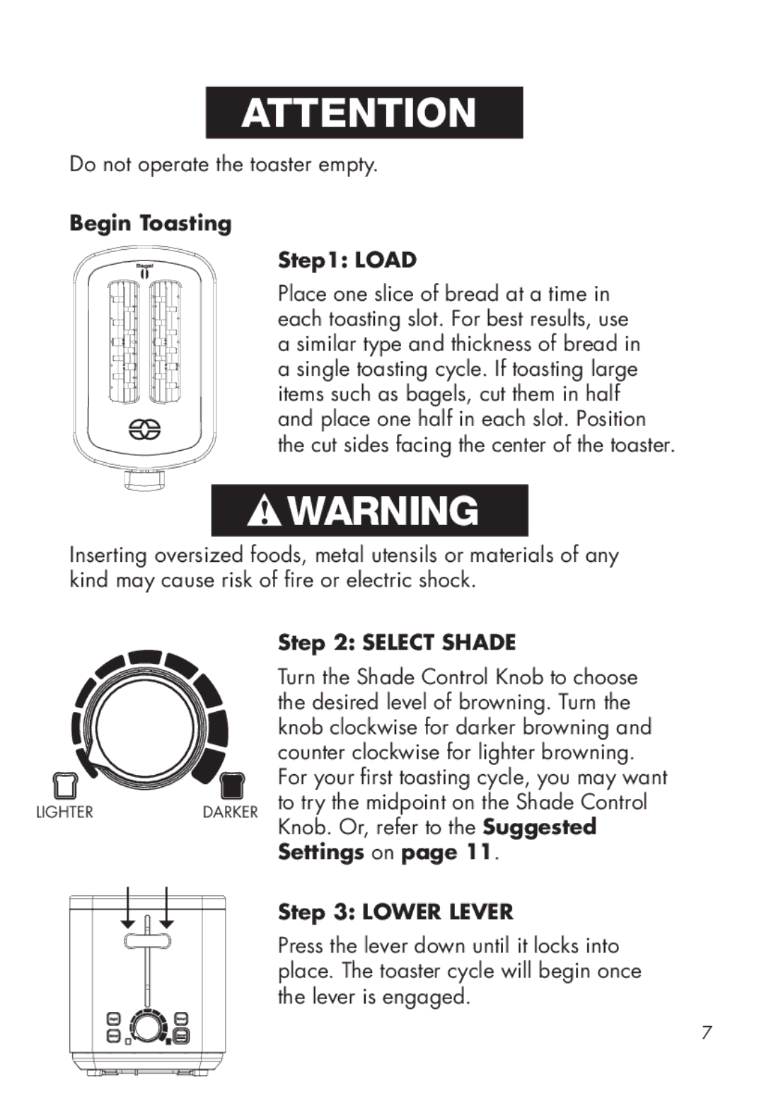 Calphalon 1779206, 1779207 manual Begin Toasting Load, Select Shade, Lower Lever 