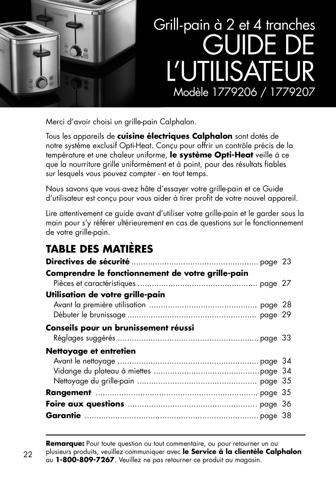 Calphalon 1779207 Table Des Matières, Guide De L’Utilisateur, Grill-painà 2 et 4 tranches, Modèle, Nettoyage et entretien 