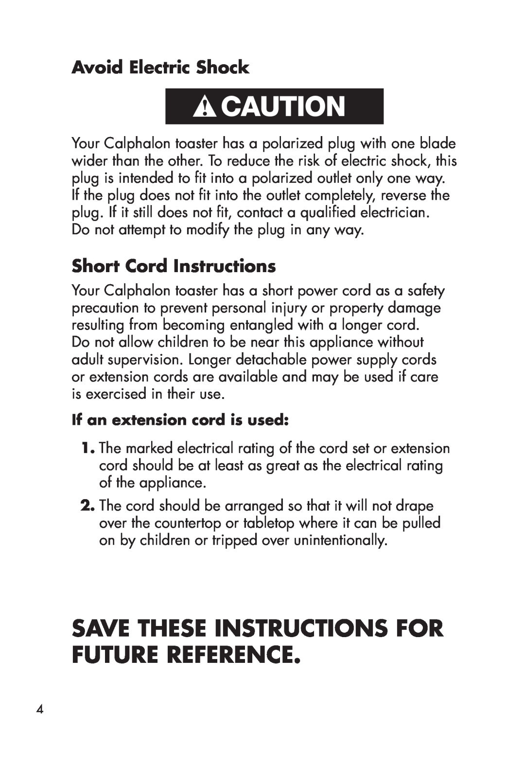 Calphalon 1779207, 1779206 Avoid Electric Shock, Short Cord Instructions, Save These Instructions For Future Reference 
