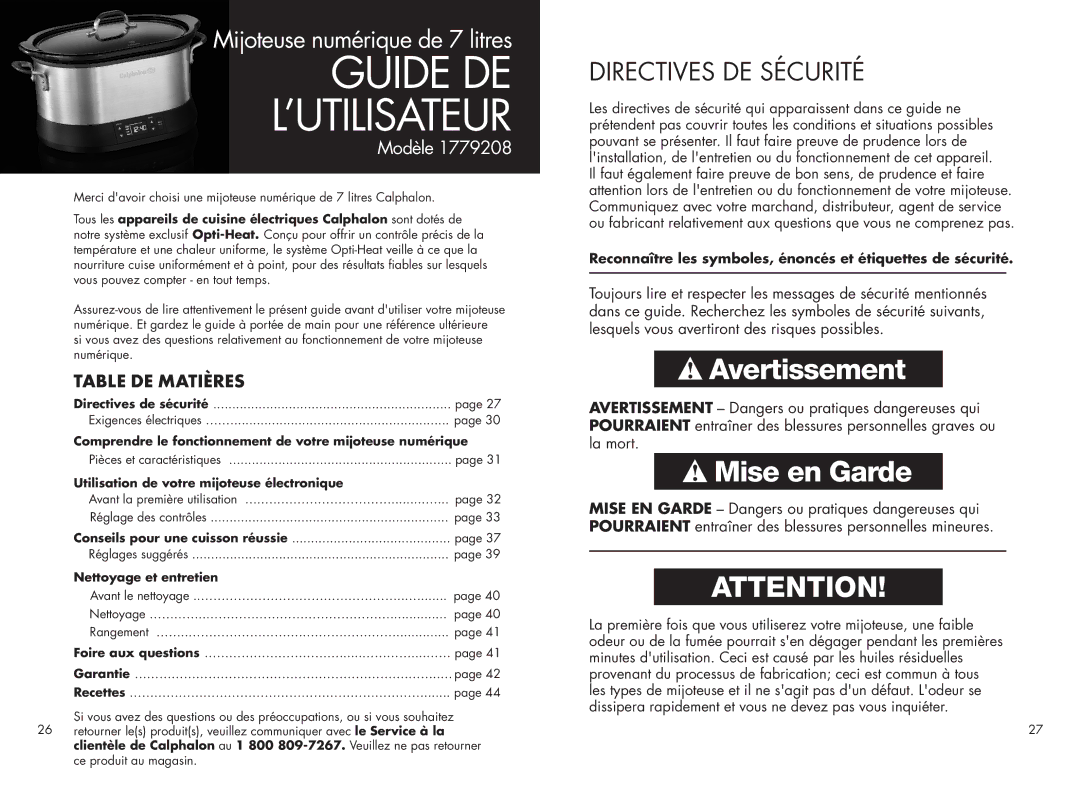 Calphalon 1779208 manual Directives DE Sécurité, Reconnaître les symboles, énoncés et étiquettes de sécurité 