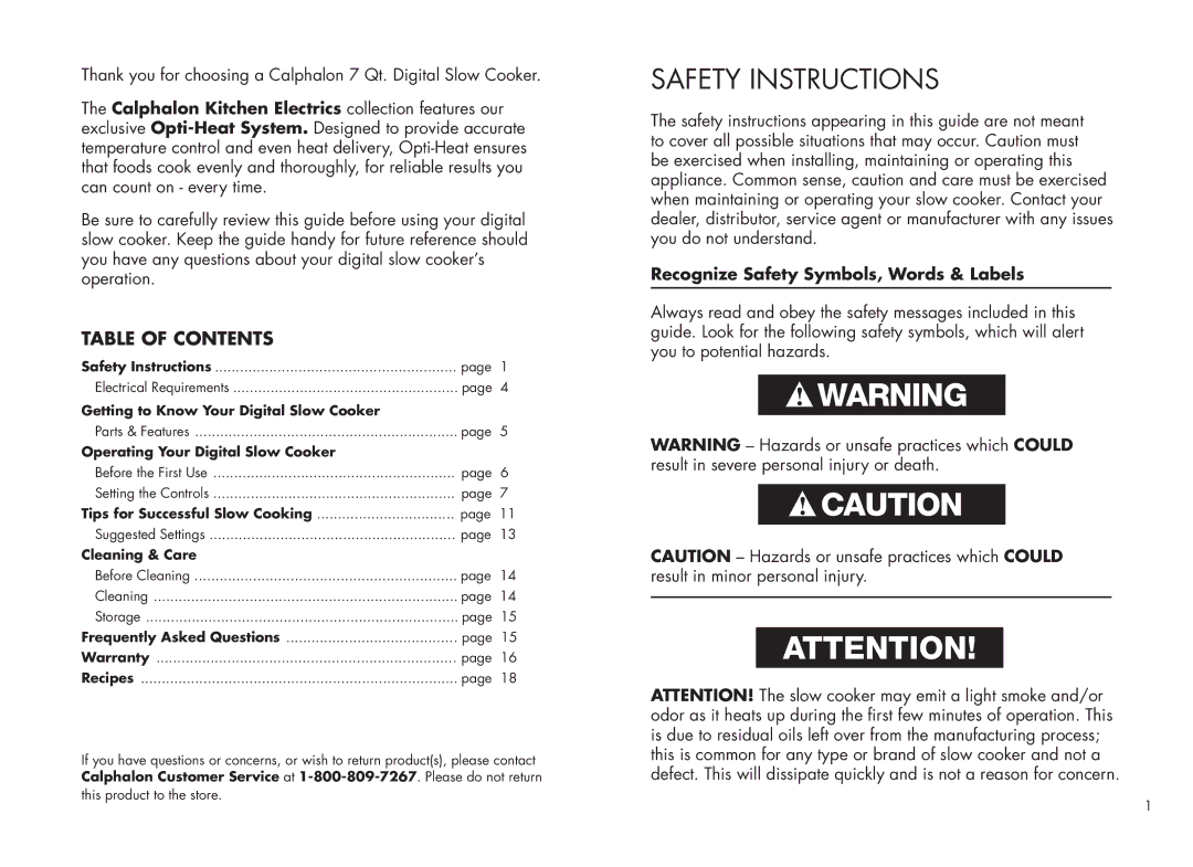 Calphalon 1779208 manual Safety Instructions, Table of Contents 