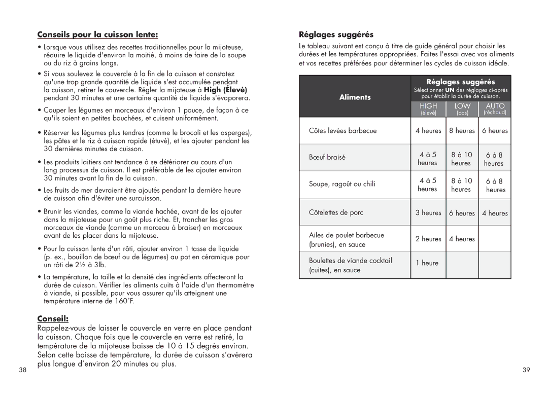 Calphalon 1779208 manual Conseils pour la cuisson lente, Réglages suggérés 