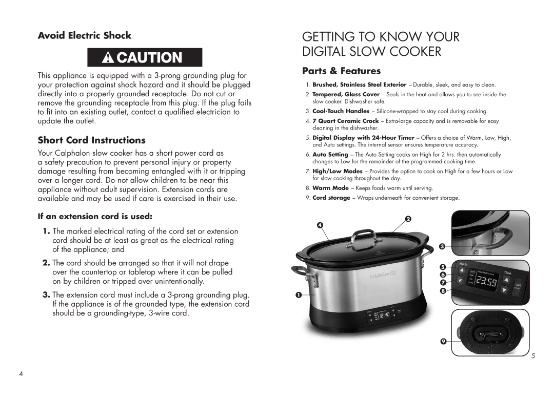 Calphalon 1779208 manual Getting to Know Your Digital Slow Cooker, Avoid Electric Shock, Short Cord Instructions 