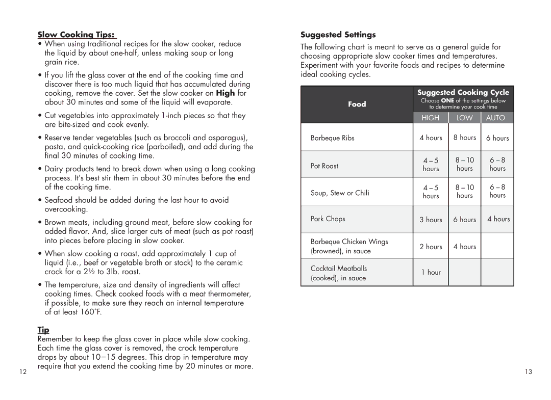 Calphalon 1779208 manual Slow Cooking Tips, Suggested Settings 