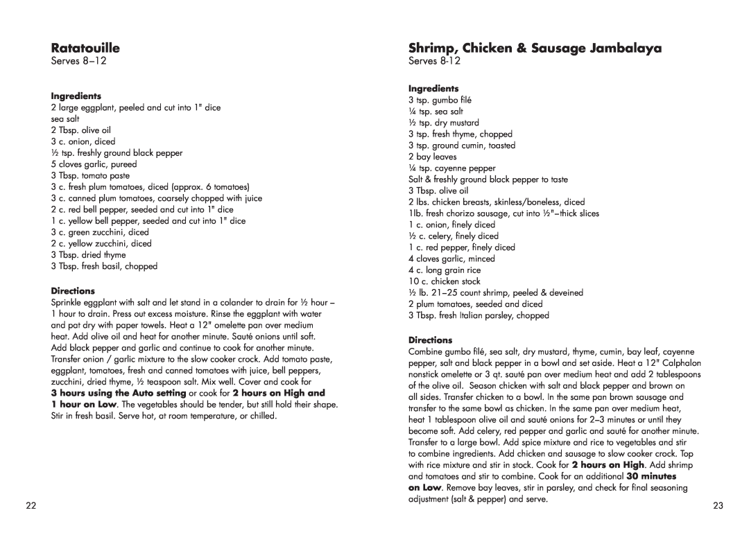 Calphalon 1779208 manual Ratatouille, Shrimp, Chicken & Sausage Jambalaya, Serves, Ingredients, Directions 