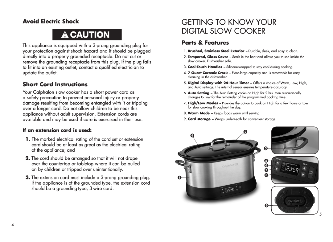 Calphalon 1779208 manual Getting To Know Your Digital Slow Cooker, Avoid Electric Shock, Short Cord Instructions 