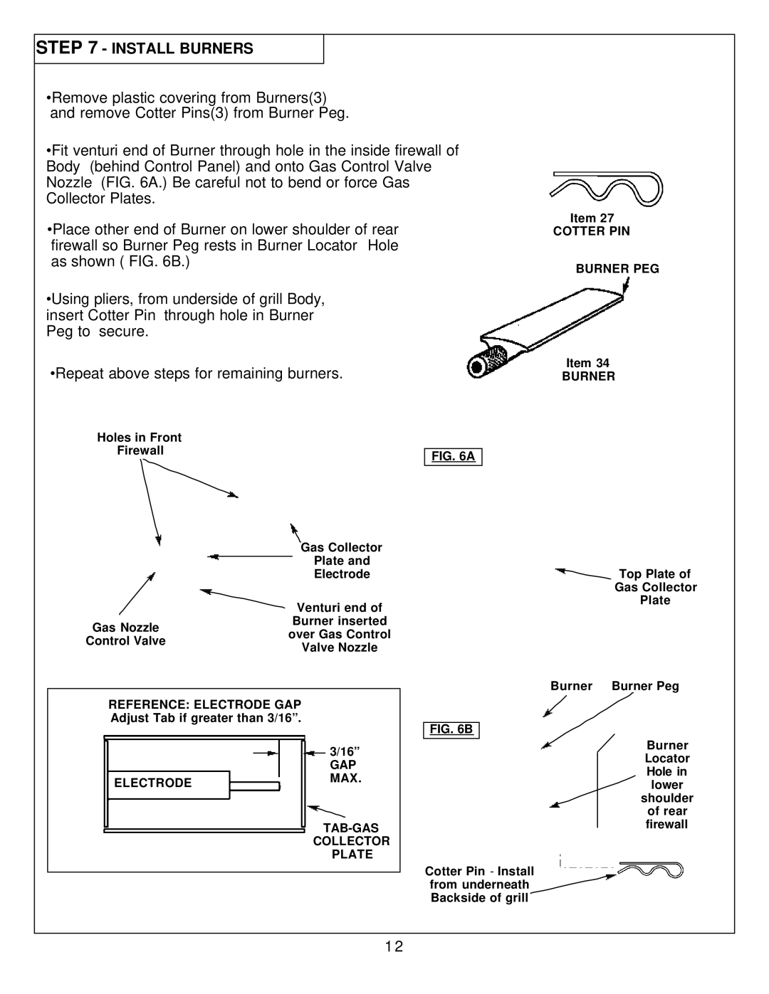 Calphalon 8353 owner manual Install Burners, Adjust Tab if greater than 3/16 