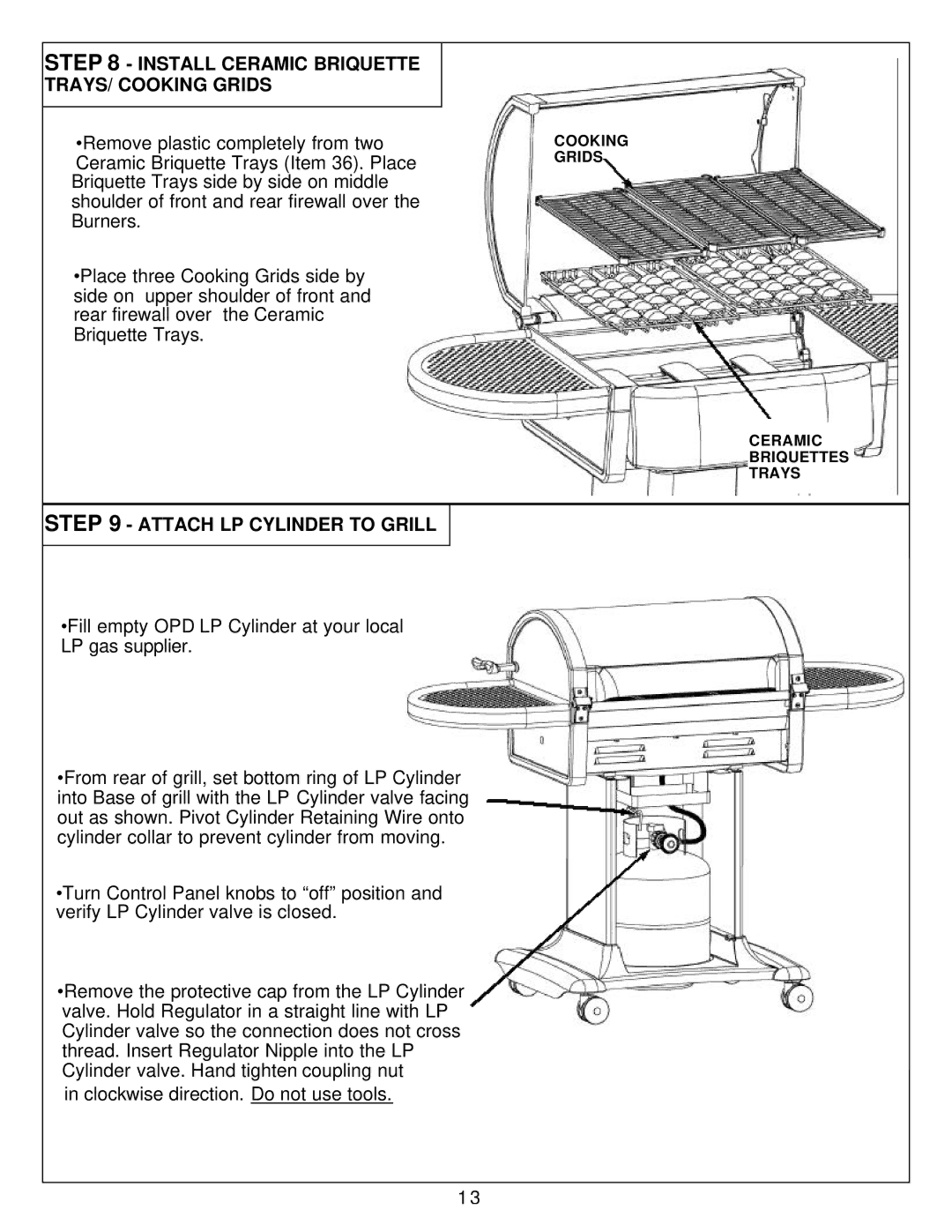 Calphalon 8353 owner manual Install Ceramic Briquette TRAYS/ Cooking Grids, Attach LP Cylinder to Grill 