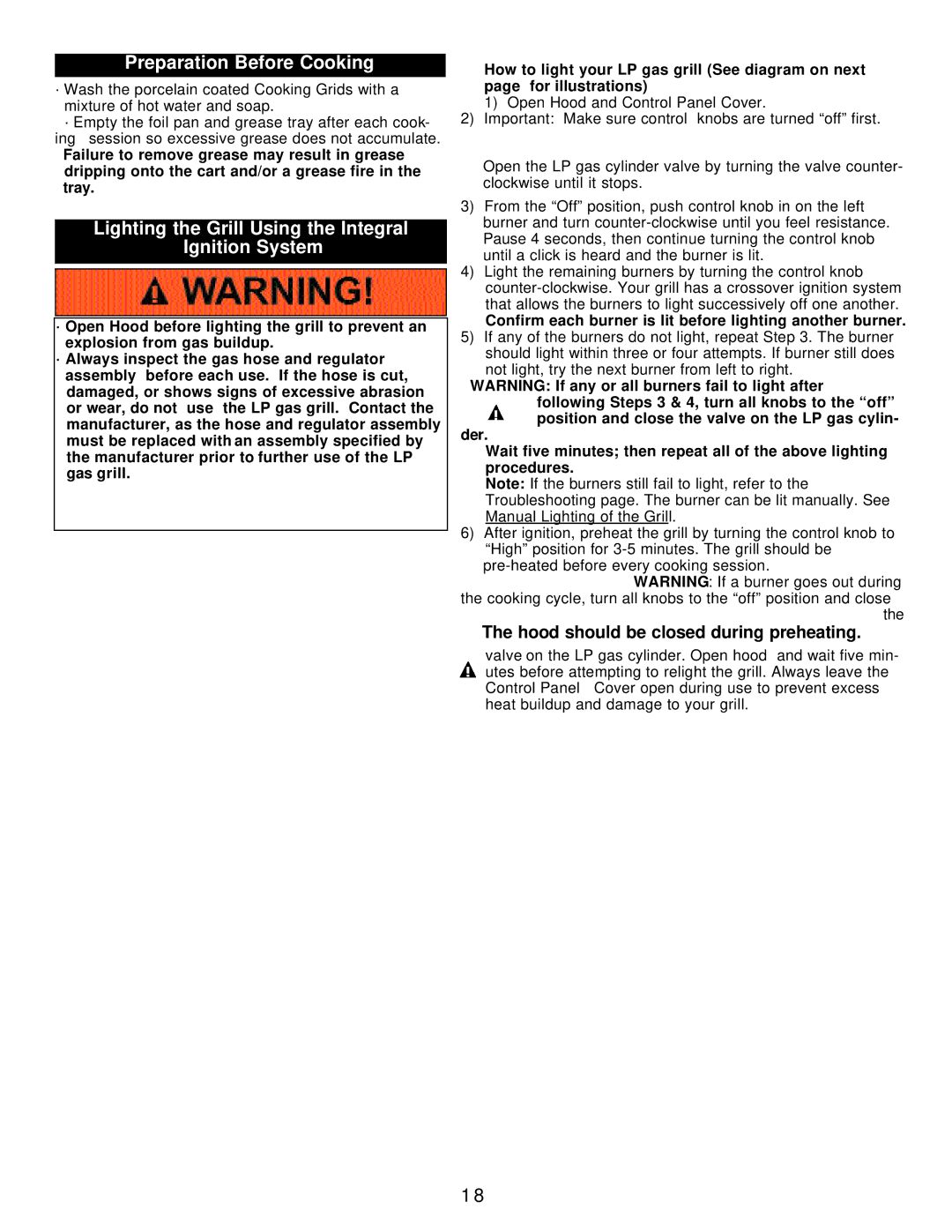 Calphalon 8353 owner manual Preparation Before Cooking, Lighting the Grill Using the Integral Ignition System 