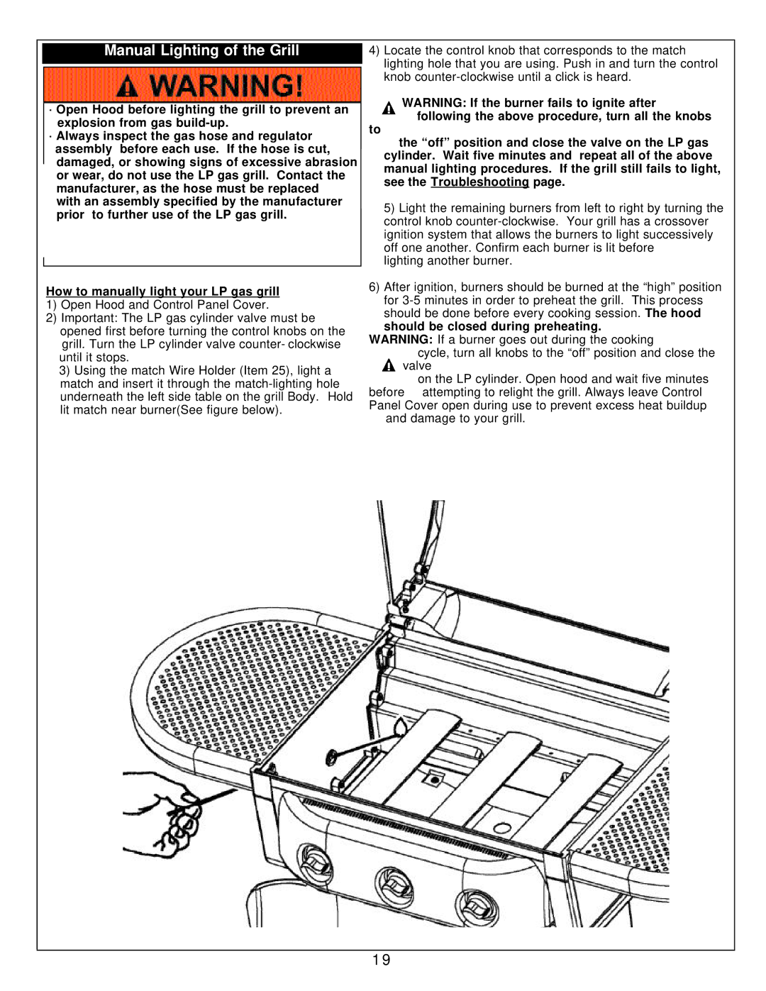 Calphalon 8353 owner manual Manual Lighting of the Grill 