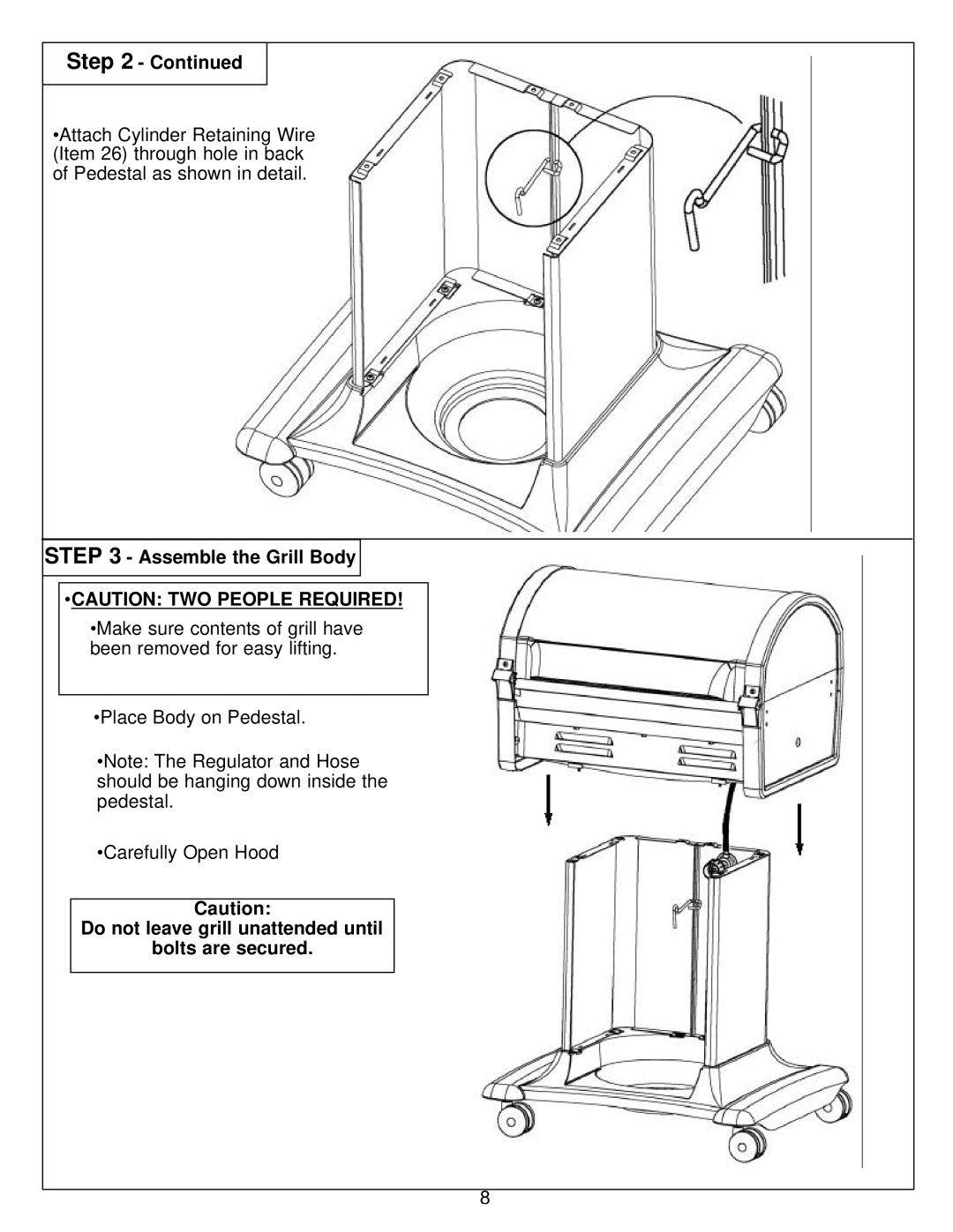 Calphalon 8353 owner manual Step, Assemble the Grill Body, Do not leave grill unattended until Bolts are secured 