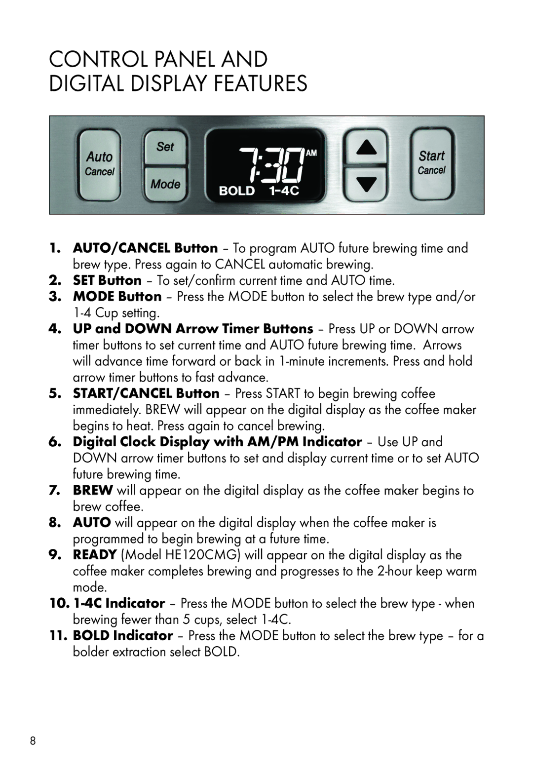 Calphalon HE120CMG, HE100CMT manual Control Panel Digital Display Features 