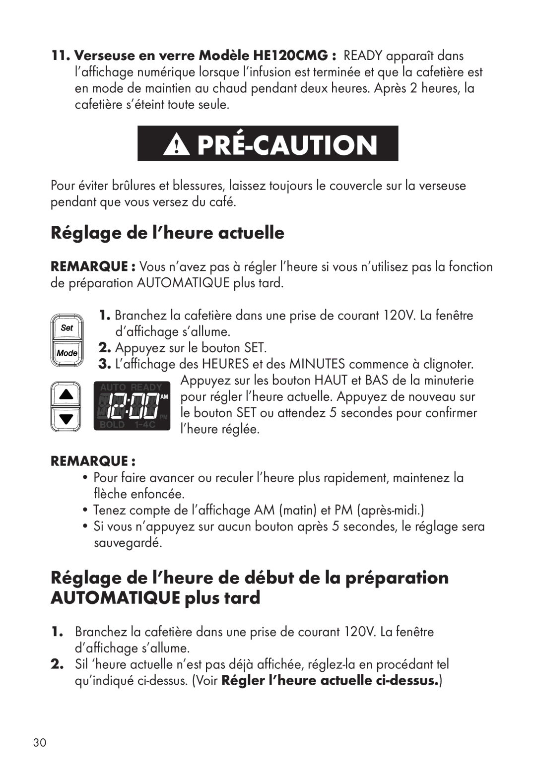 Calphalon HE120CMG, HE100CMT manual Réglage de l’heure actuelle, ’affichage s’allume Appuyez sur le bouton SET 