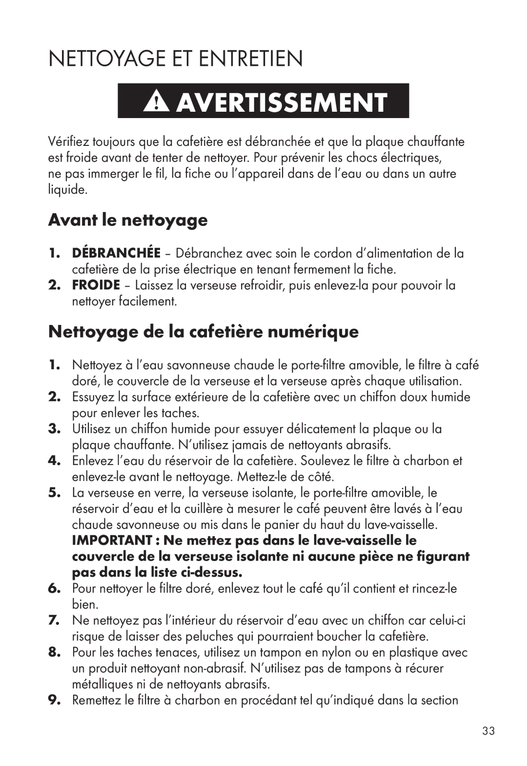 Calphalon HE100CMT, HE120CMG manual Nettoyage ET Entretien, Avant le nettoyage, Nettoyage de la cafetière numérique 