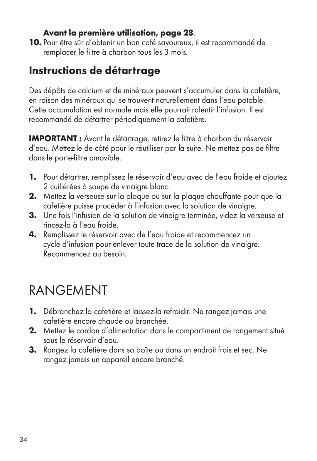 Calphalon HE120CMG, HE100CMT manual Rangement, Instructions de détartrage, Avant la première utilisation 