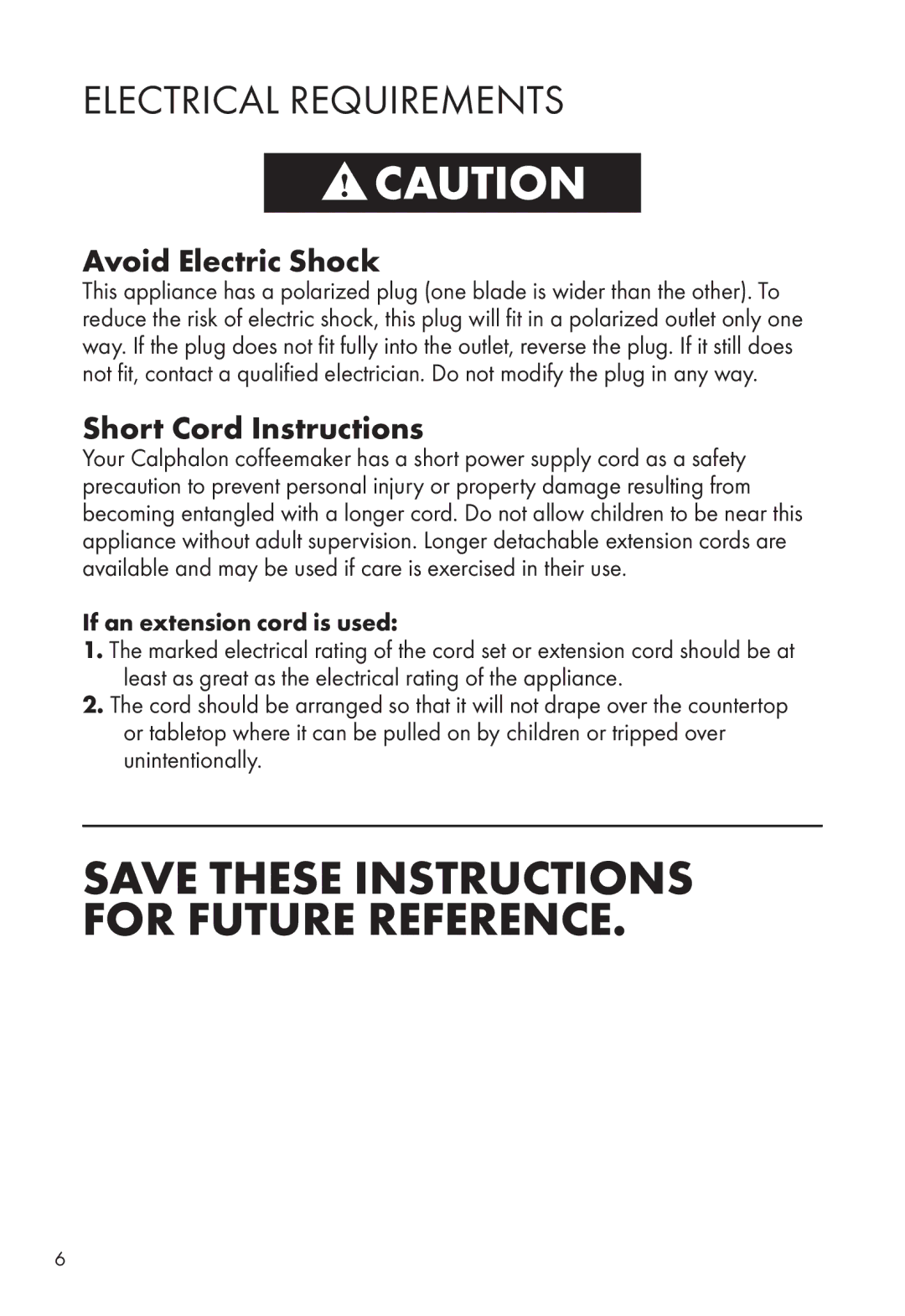 Calphalon HE120CMG Electrical Requirements, Avoid Electric Shock, Short Cord Instructions, If an extension cord is used 