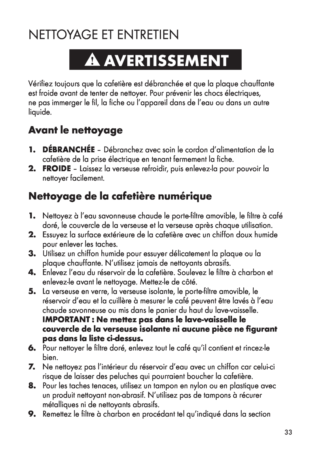 Calphalon HE100CMT, HE120CMG manual Nettoyage Et Entretien, Avant le nettoyage, Nettoyage de la cafetière numérique 