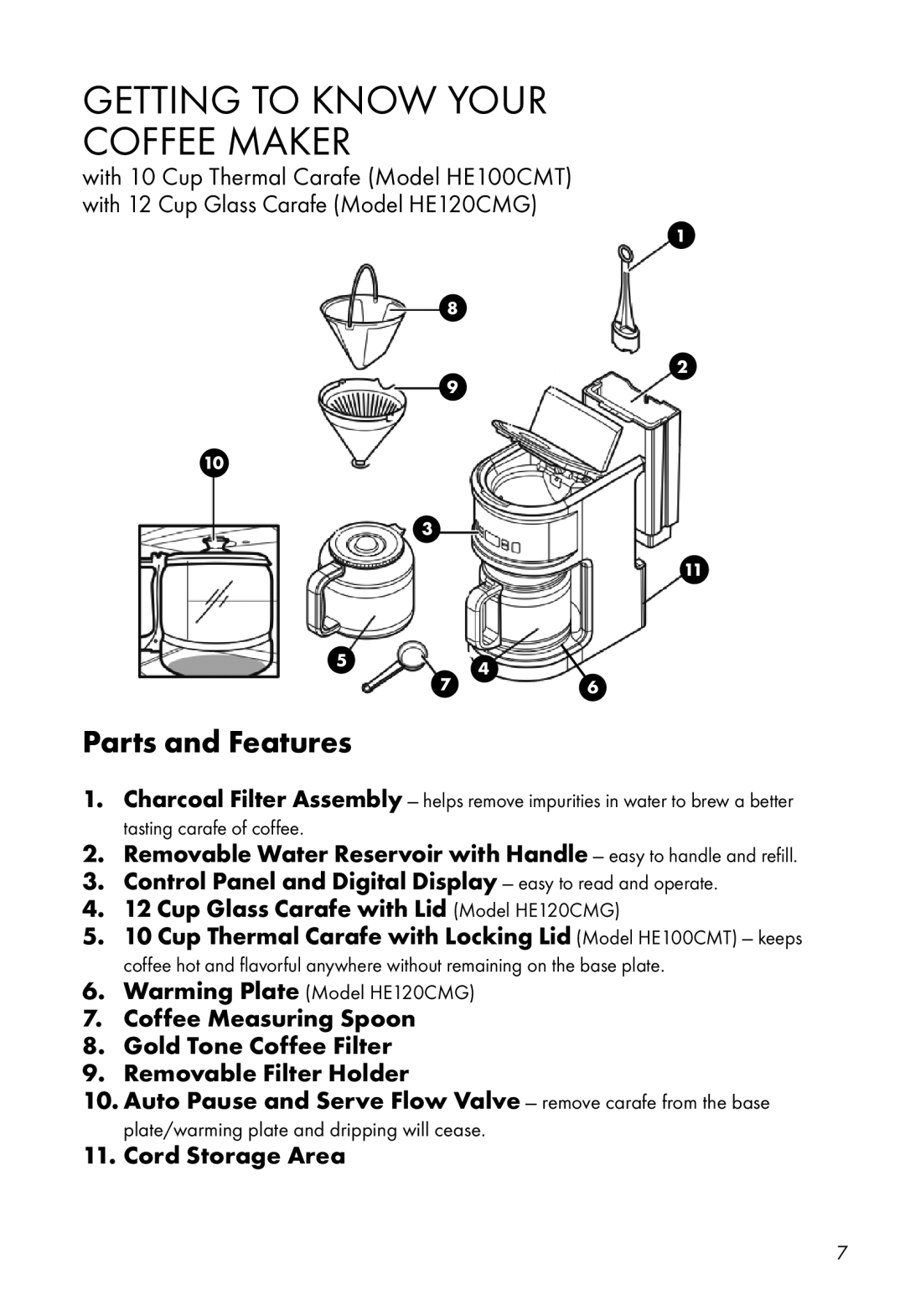 Calphalon HE100CMT manual Getting to Know Your COFFEE maker, Parts and Features, Cup Glass Carafe with Lid Model HE120CMG 