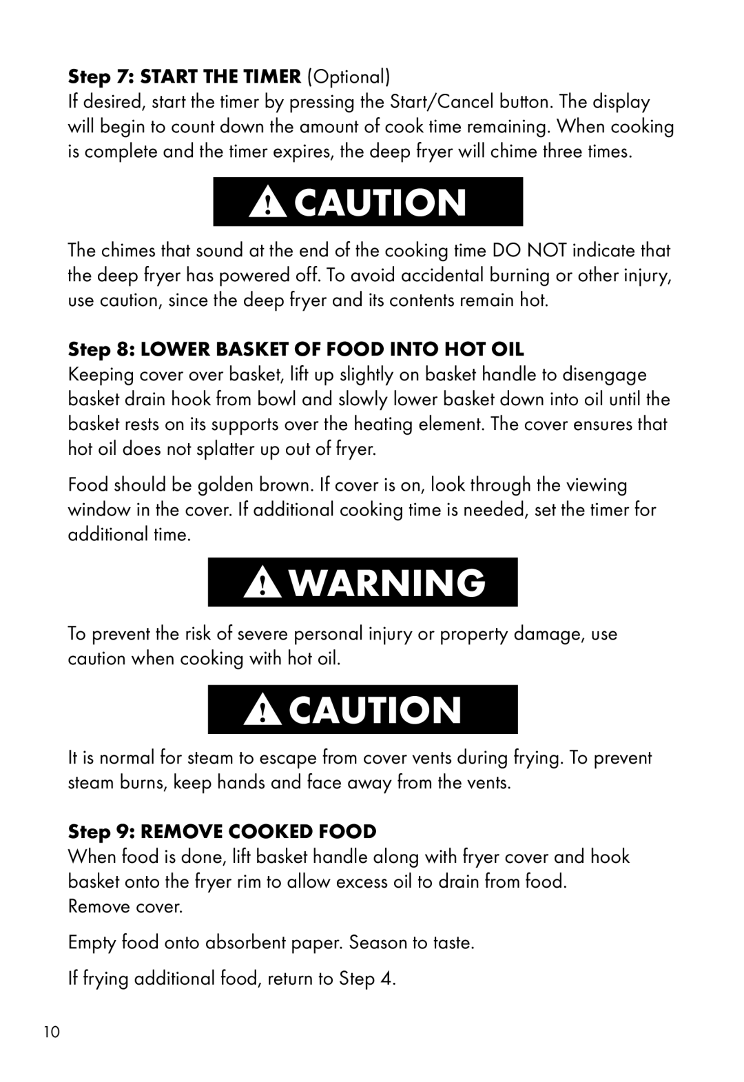 Calphalon HE380DF manual Start the Timer Optional, Lower Basket of Food Into HOT OIL, Remove Cooked Food 