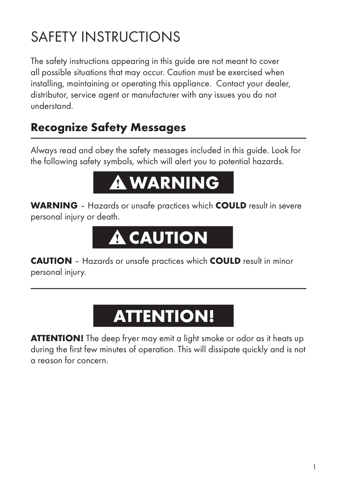 Calphalon HE380DF manual Safety Instructions, Recognize Safety Messages 