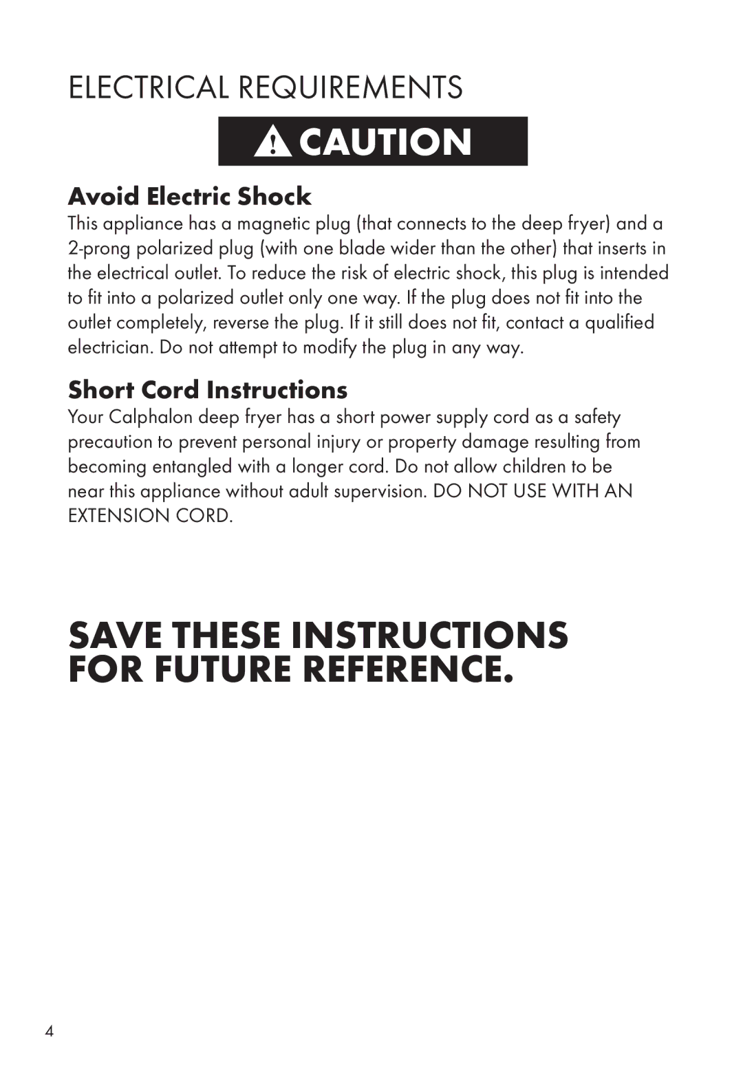 Calphalon HE380DF manual Electrical Requirements, Avoid Electric Shock, Short Cord Instructions 